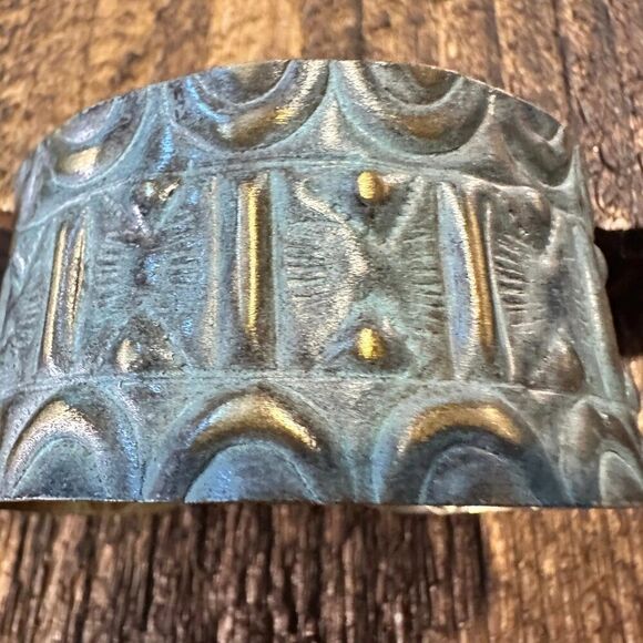 Handcrafted Artesian Boho Brass Patina‎ Bracelet, Aqua Sacred Geometry Allover, - Picture 7 of 8